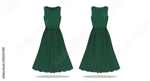 Emerald Green Pleated Dress Fashion Design Presentation on a Pure White Background, Isolated