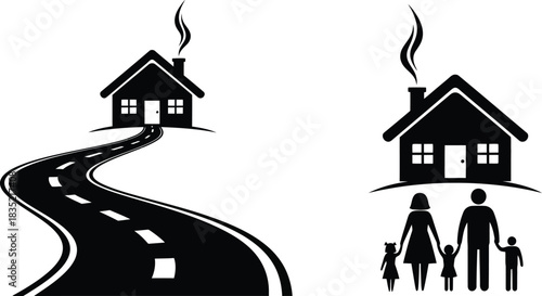 Road to home and family illustration in black and white silhouette style