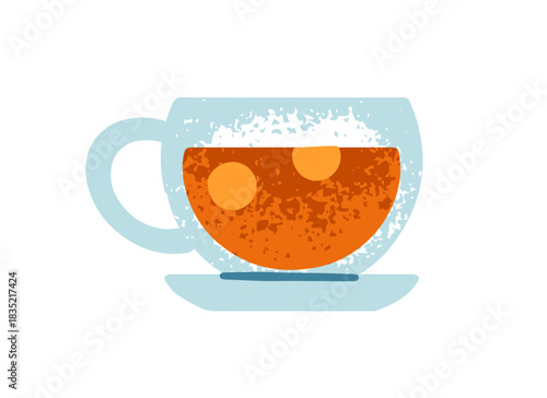 Glass cup of Chinese tea on saucer. Stylish mug of herbal beverage with berries. Modern teacup of hot drink. Pot of water with natural herbs. Flat isolated vector illustration on white background