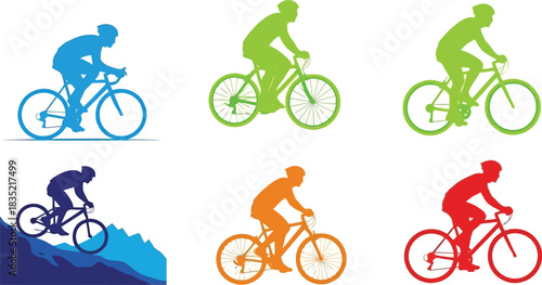 Colorful cyclist silhouettes on white background for sport and recreation
