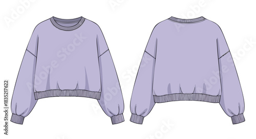 Fashionable lilac oversized sweatshirt template showcasing front and back view for design mockups and clothing production showcasing the casual style