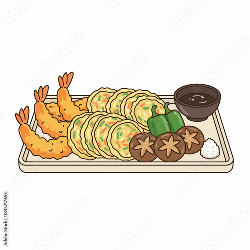 A platter of Japanesestyle fried shrimp vegetable pancakes mushrooms peppers dipping sauce and rice