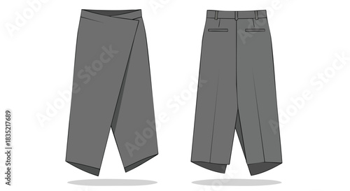 Conceptual depiction of modern culottes with crossover front, emphasizing unique design and tailored silhouette for fashion visualization
