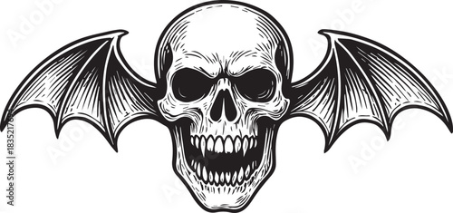 scary skull with bat wings vector hand drawn illustration