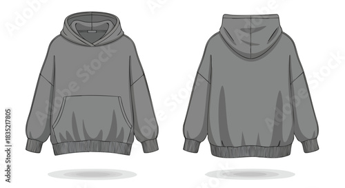 Fashionable oversized grey hoodie vector illustration showcasing front and back views with meticulous details and design elements