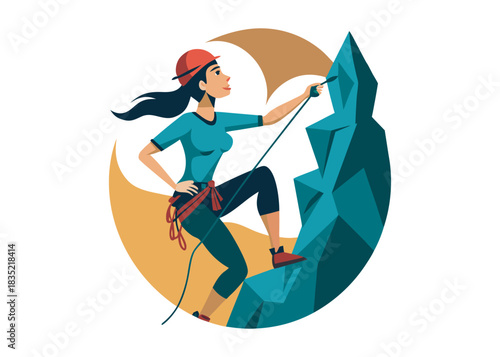 Woman rock climbing on rugged mountain cliff wearing helmet and harness outdoor adventure activity vector illustration logo icon on white background