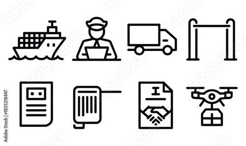 Cross-Border Trade Icons, a detailed illustration pack showcasing cargo vessels, border control points, container trucks, entry gates, and trade logistics elements for global commerce visuals.