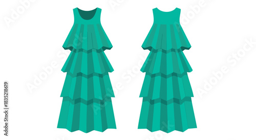 Elegant emerald tiered gown presentation, showcasing front and back views on a pristine white background for fashion illustration