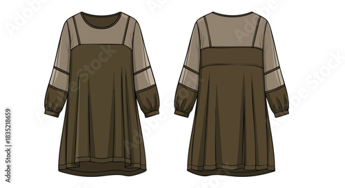Technical fashion drawing showcasing a-line dress with long sleeves and sheer yoke detail featuring front and back views