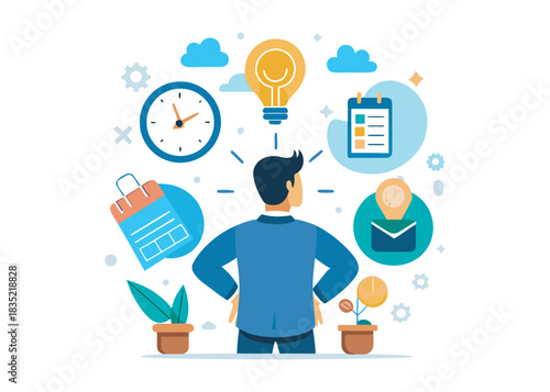 Back view of confused businessman thinking of tasks. Busy office worker and symbols of calendar, lightbulb, clock flat vector illustration. Finances, time management concept for banner,