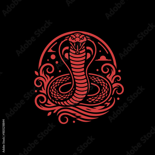 A striking red cobra snake illustration with intricate swirling patterns on a black background, symbolizing power and danger.