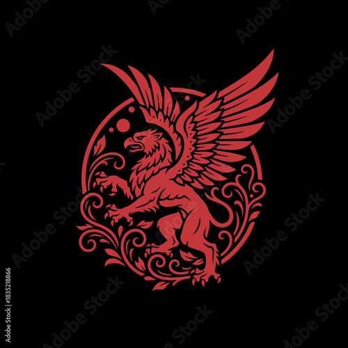 A red heraldic griffin with spread wings inside an ornate circular frame on a black background.