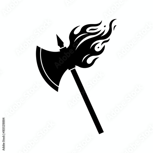 A black silhouette of a flaming battle axe, a powerful medieval weapon icon isolated on a white background.