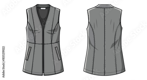 Sleek technical drawing showcases modern vest with front zipper closure and tailored seams displaying front and back views