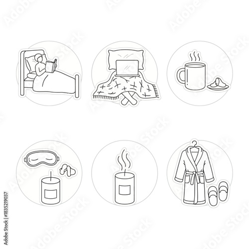 Cozy relaxation at home Enjoying reading in bed hot drink with treat candles bathrobe and slippers for a comfy and relaxing lifestyle.