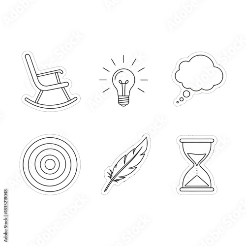 creative process showing a rocking chair lightbulb cloud target feather hourglass illustrating thought and time ideal for blogs and creative websites