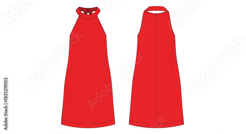 Vibrant crimson halter neck shift dress flat sketch showcasing front and back detail for fashion design and apparel creation