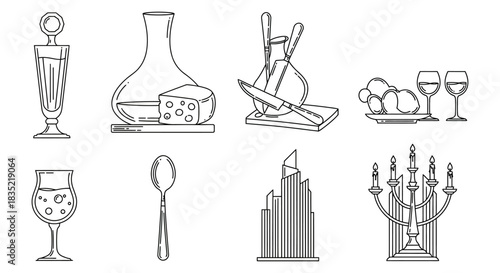 culinary icons set tableware food and drinks in outline style perfect for recipe blogs menus and culinary guides offering a clean aesthetic.