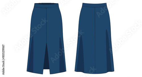 Stylish azure flared skirt design showcasing both front and back views for garment construction analysis emphasizing design elements