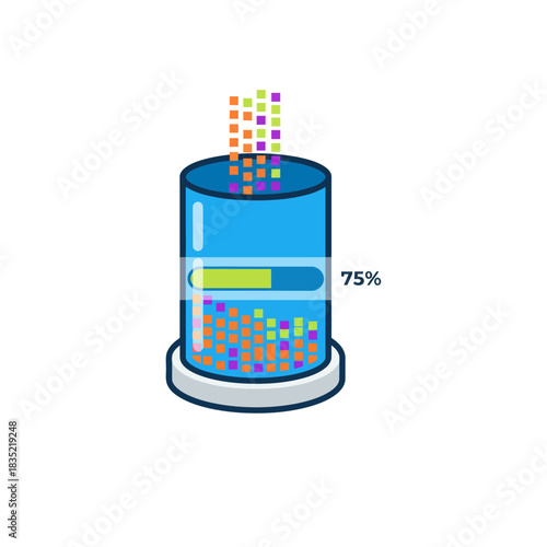 data processing progress showing 75 completion colorful cubes entering a server for data storage suitable for illustrating information loading