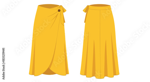 Stylish Yellow Wrap Skirt Isolated, Displaying Front and Back Design Details for Fashion Mockups and Apparel Design Projects