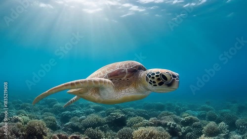 Captivating underwater footage showcasing a magnificent sea turtle gracefully navigating a vibrant coral reef, bathed in ethereal sun rays piercing through the crystal-clear ocean