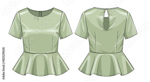 Technical fashion illustration depicting a sage green peplum top with front and back views showing garment details