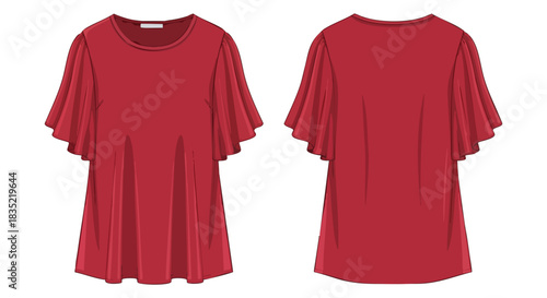 Elegant crimson blouse with flowing butterfly sleeves, showcased in front and back views for design visualization