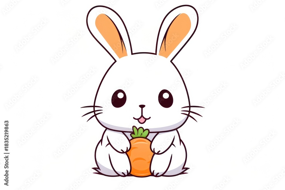 Obraz premium Kawaii bunny eating a carrot simple big lines vector vegetable cartoon animal.