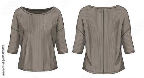 Elegant taupe ribbed knit top illustration showcasing front and back views, perfect for fashion design visualization and technical sketch references