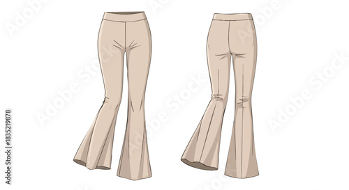 Stylish bell-bottom trousers illustration in beige hue, showcasing a retro fashion trend and design elements for apparel creation