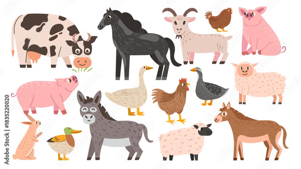 Obraz premium Cute farm animals set with different characters in cartoon design style. Vector collection with livestock - cow and horse, donkey and pig. Hand drawn kids design elements.