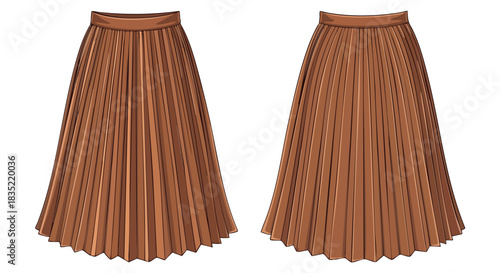 Elegant flowing brown pleated midi skirt rendered with meticulous detail on a plain background