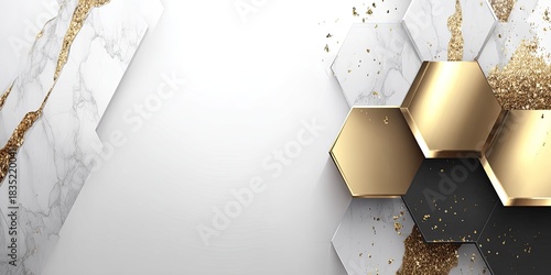 Luxurious abstract background with marble, gold hexagons and glitter elements.