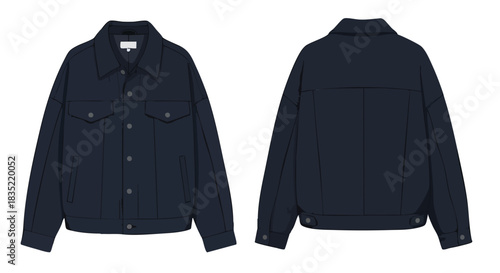 Detailed Illustration of a Modern Dark Blue Denim Jacket Design Concept with Front and Back Views