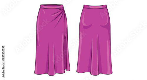 Magenta Midi Skirt Illustration Featuring Front Wrap Detailing and Back Pleated Design Displayed Against a White Backdrop