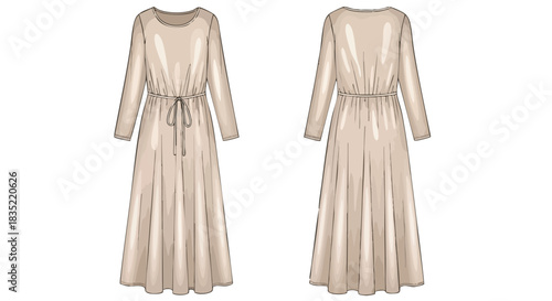Elegant long-sleeved dress fashion illustration showcasing front and back design with tie waist detail, subtle beige color and flowing silhouette