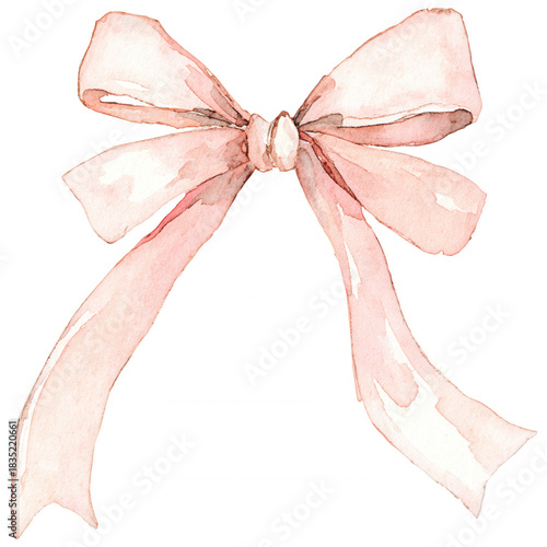 Delicate pink watercolor ribbon bow creating a festive design element for celebration or transparent decoration gift with background