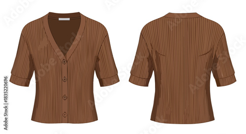 Modern Mocha Ribbed Knit Cardigan: Front and Back Views for Fashion Design Inspiration, Illustrating Style and Detailing Perfect for Catalog Display