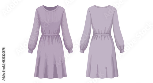 Elegant long-sleeved dress in lavender front and back views, showcasing its refined design and subtle color palette suitable for diverse occasions