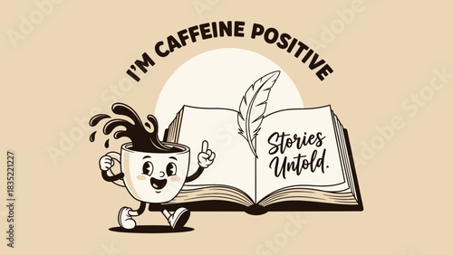 Caffeine Positive Book Illustration – Cute Coffee Cup Reading Theme Graphic Design