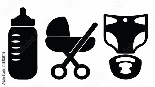 Illustration showing baby bottle, baby stroller, and diaper in black and white simple vector design | editable eps vectors silhouette