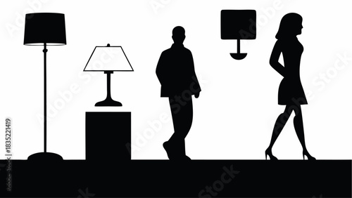 Silhouette scene featuring lamps, a man walking, and a woman walking in a minimalist black and white style | editable eps vectors