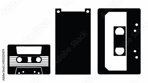 Three black and white cassette tape illustrations in a row on a white background showing different views | editable eps vectors silhouette