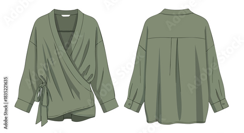 Technical drawing of a contemporary olive green wrap blouse showcasing front and back detail emphasizing design elements
