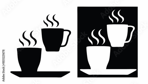 Two steaming coffee cups in black and white contrast with a simple and minimalist design aesthetic style | editable eps vectors silhouette