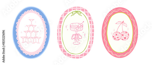 Oval frame with coquette pyramid of champagne glasses, cherry disco balls and cocktail. Whimsical hand drawn design for bride party invitation. Vintage aesthetic