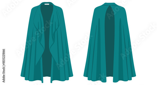 Elegant turquoise draped cloak with flowing fabric, seen from front and back showing a minimalist style presentation