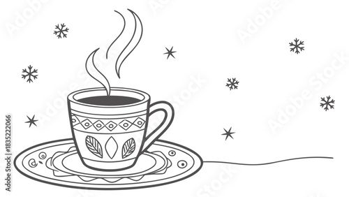  Steaming Coffee or Tea Cup with Snowflakes Winter Line Art Illustration