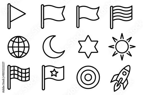 Diverse Line Icon Set, a hand-drawn vector collection featuring flags, celestial symbols, globe, moon, star, sun, rocket, target, and racing flag for creative and educational designs